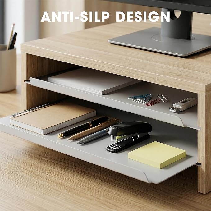 Fenge Monitor Stand, 3-Tier Monitor Riser with Slide-Out Tray, Wooden and Metal Desktop Organizer for Home Office, Computer, Laptop, Printer, Telephone