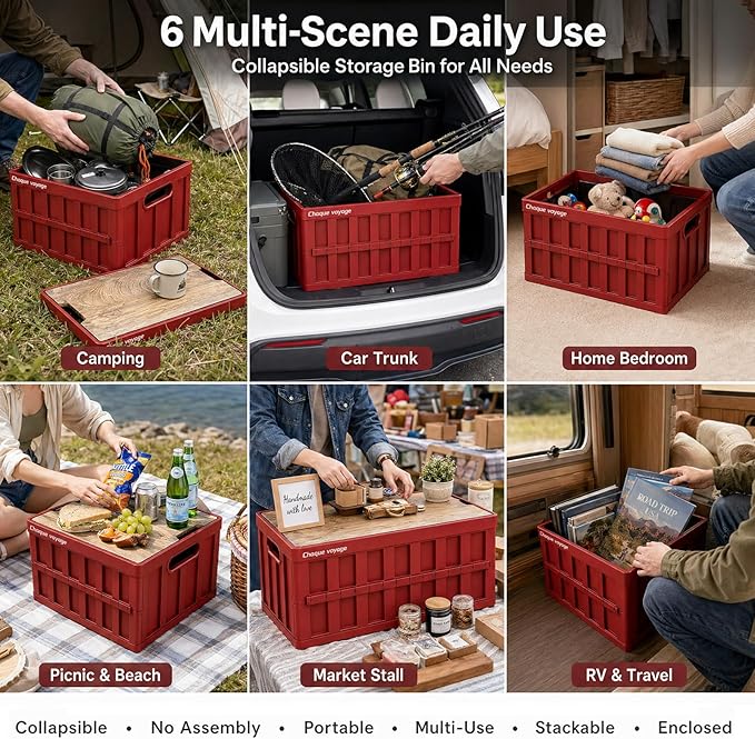 CTESNE【3-in-1 Wooden Lid 50L Storage Bins with Lids and Handle，Portable Foldable Storage Box ，Plastic Stackable Storage Bins for Camp Car RV, Office (Red)