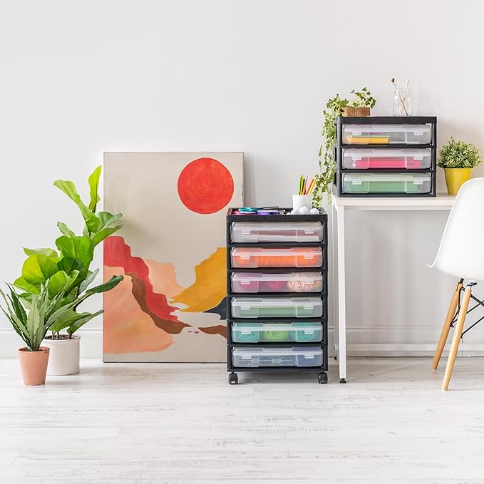 IRIS USA Fits 12" x 12" Paper, 6-Tier Scrapbook Rolling Storage Cart with Organizer for Stationery Vinyl Tools Office Art and Craft Supplies, Yarn, 6 Clear Cases w/Built in Handle - Black/Clear