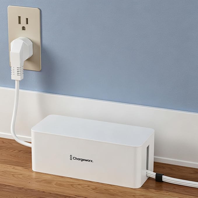 ChargeWorx Cable-Management Box Set, 2 Pack Cord Organizer to Hide Power Strips and Surge Protectors, Desk and Floor Wire Concealer for Home Office, TV Area, White