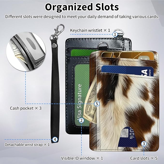 Slim Minimalist Front Pocket Wallet,Credit Card Holder Wallet for Women Men,RFID Blocking Credit Card Holder Case Leather Cute Small Thin Wallet ID Window&Wrist Strap,Brown White Fur Print
