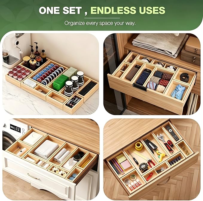 9-Pack Solid Wood Junk Drawer Organizer, Modular Desk Drawer Tray & Accessories with Non-Slip Pad, Multi-Use for Kitchen, Office, Bedroom Dresser, Utensil, Makeup, Stationery, Tea Bags & Coffee Pod