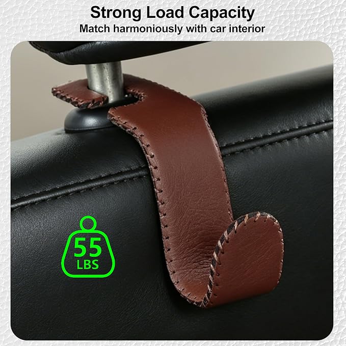 Amooca Car Seat Headrest Hook, Universal Vehicle Storage Hanger, Leather with Metal Car Seat Back Organizer for Handbag, Purse, Coat, Ergonomic Design, Brown 2 Pack