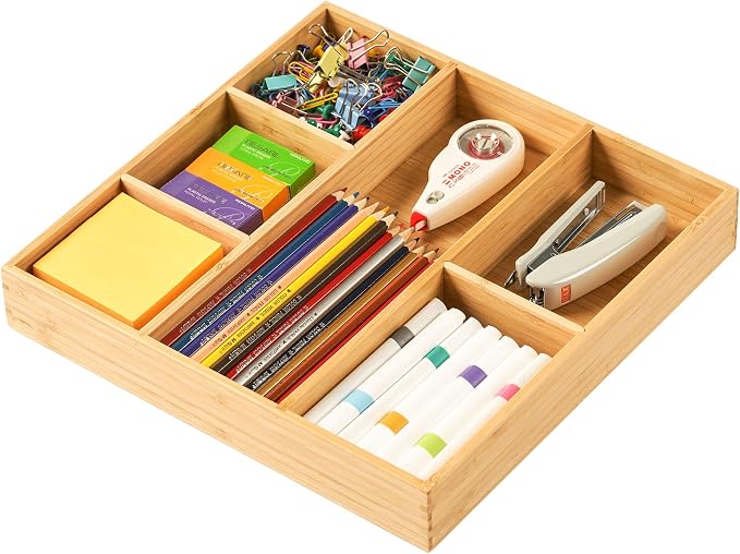 Umilife Bamboo Desk Drawer Organizer, Wood Office Junk Tray, 12"x12" | 1.8" Tall for Shallow Drawer - Adjustable dividers - Anti Slip Silicone Pads - Versatile Storage Box in Kitchen, Pantry