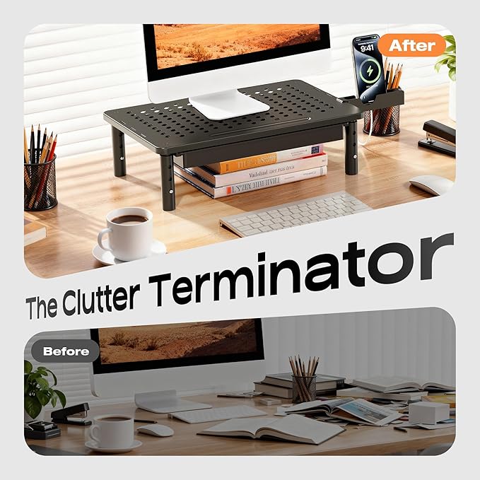 Computer Monitor Stand Riser with Storage, 3 Height Adjustable Laptop Desktop Monitor Stand with Drawer, Metal Short Printer Table, Stand Riser for Desk, Office Desk Organizers and Accessories, 2 Pack