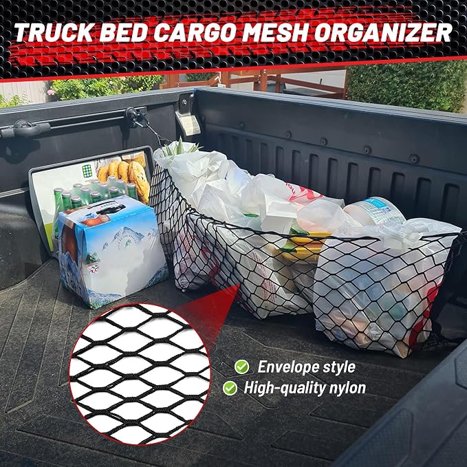 RED WOLF Truck Bed Cargo Net for Pickup Truck Bed Elastic Car Rear Trunk Cargo Storage Net 51''×18'' Envelope Style Mesh Cargo Net for GM Silverado Sierra,Ford F150