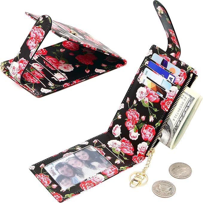 Badiya Slim Women Wallet RFID Blocking Bifold Compact 9 Card Slots Holder Wallets Soft Leather with Zipper Coin Pocket 2 ID Window