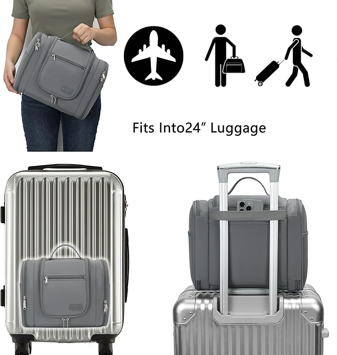Hanging Travel Toiletry Bag for Men and Women with Metal Swivel Hook, Large Travel Makeup Organizer for Full Sized Cosmetics and Toiletries, Water-Resistant Bathroom Toiletry Bags, Grey