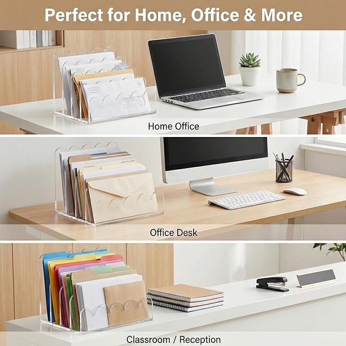 Acrylic Mail Organizer for Desk, Premium Clear Acrylic 3-Slot Organizer, 2-Pack – German-Standard PMMA, Crystal-Clear, Non-Yellowing, Multi-Use for Office, Home, Student Workspace & Makeup Storage