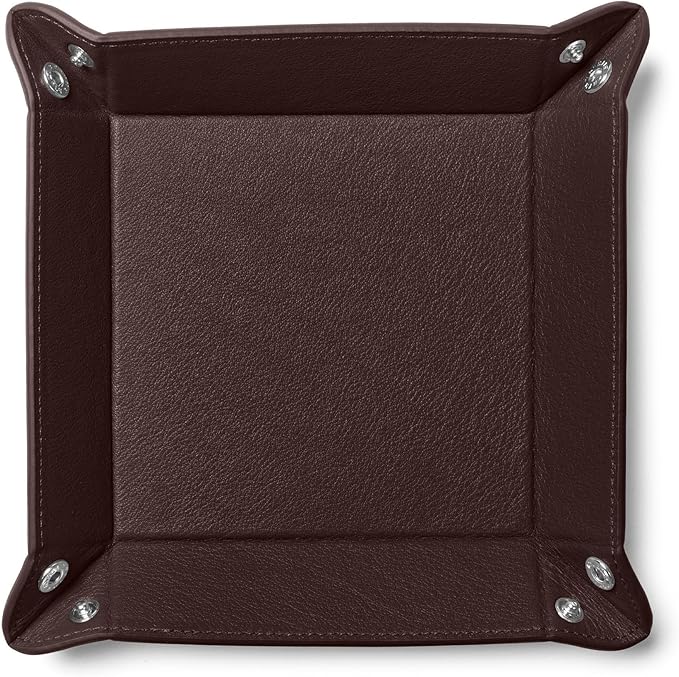 Leatherology Brown Rectangle Valet Tray – Travel-Friendly Catchall Organizer with Snap Corners, Stitched Edge Detail & Gift Box – Desk Tray for Keys, Wallet, Watch & Accessories