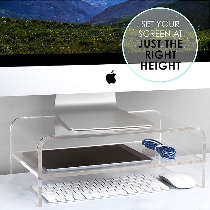Homeries Computer Monitor Stand 2-Tier Acrylic, Universal Computer Riser for Home, Office, Business, Desk, Gamers | Multi Media Platform Lift for Laptop, Printer, TV Screen, PC |Extra Storage Space