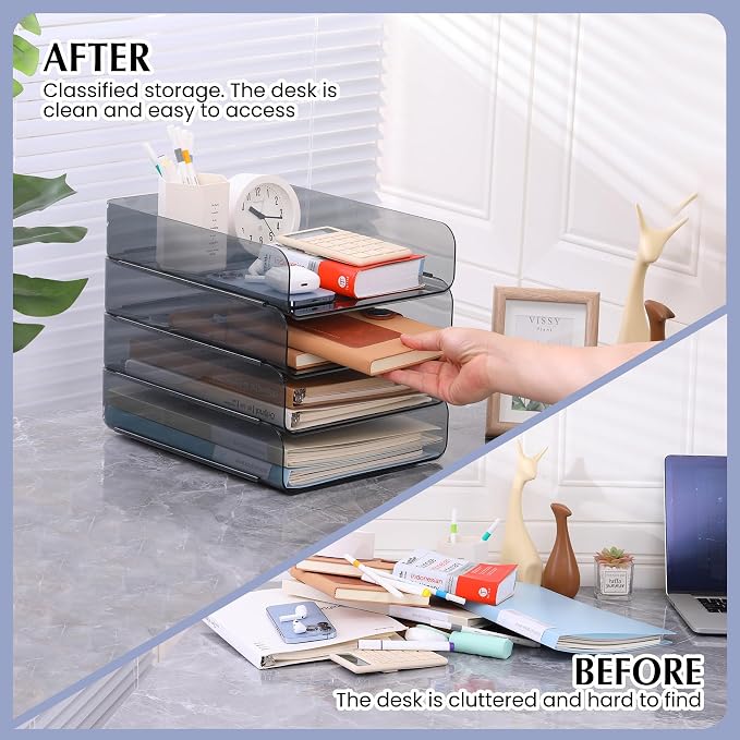 CiWiVOKi 2 Pack Stackable Paper Tray Organizer, Clear File Organizer for Desk, Office Organizer and Storage for Desk Accessories, Notes, Books, File Paper, Document, Black