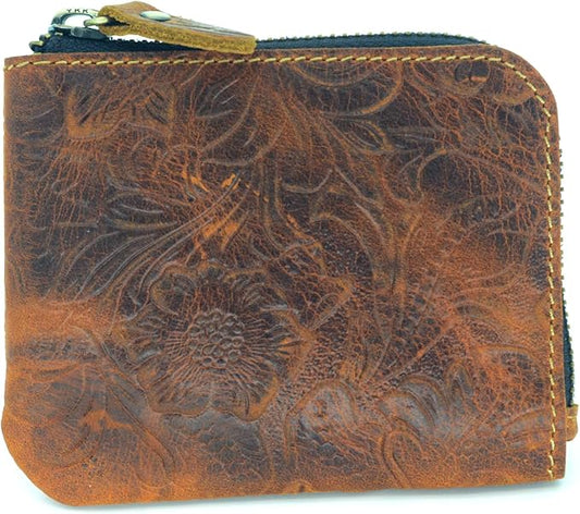JJNUSA Genuine Leather Zipper Coin Purse Wallet With Key Car Smart Holder, Change Purse, Coin Pouch Holder For Men (Flower brown)