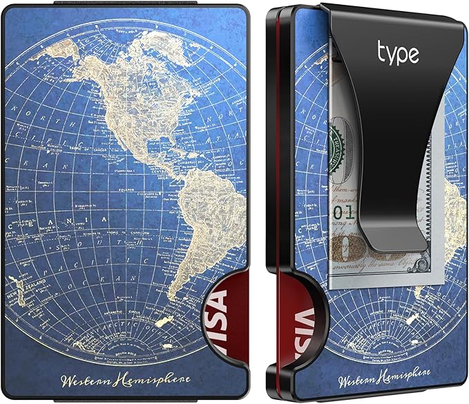 typecase Minimalist Wallet for Men: Metal Card Holder with Removable Money Clip, RFID Blocking, Slim, Utral Thin, Small, Front Pocket, Hold up to 15 Credit Cards (Map)