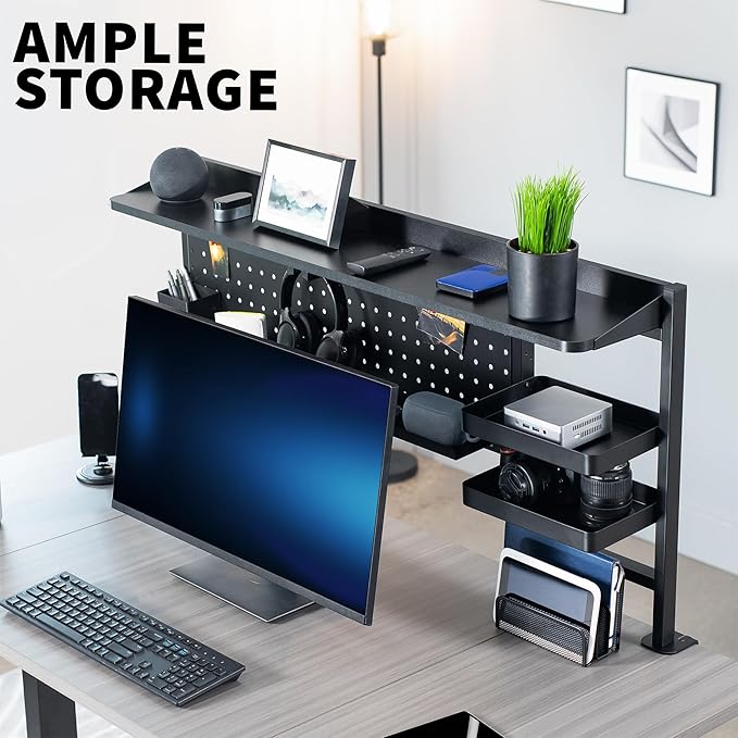 VIVO Steel Clamp-on 46 x 25 inch Desk Pegboard System with Storage Shelf and Accessory Trays, Multi-Purpose Office Organizer, Black, PP-PBSF46