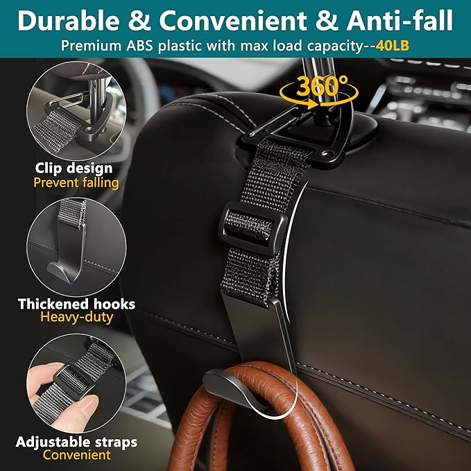 Amooca Headrest Hooks for Car Adjustable 4 Pack Vehicle Seat Back Organizer Storage Hanger Holder for Purse Bags Universal Fit with Clip Black