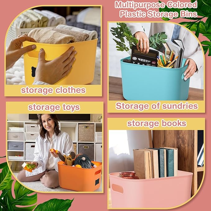 Thyle 24 Pack Classic Colorful Plastic Storage Bins with Lids 7 Quart Toy Storage Box Stackable Nestable Organizer Boxes with Handle and Labels for Classroom Shelf Bedroom Desktop Toys School Supplies