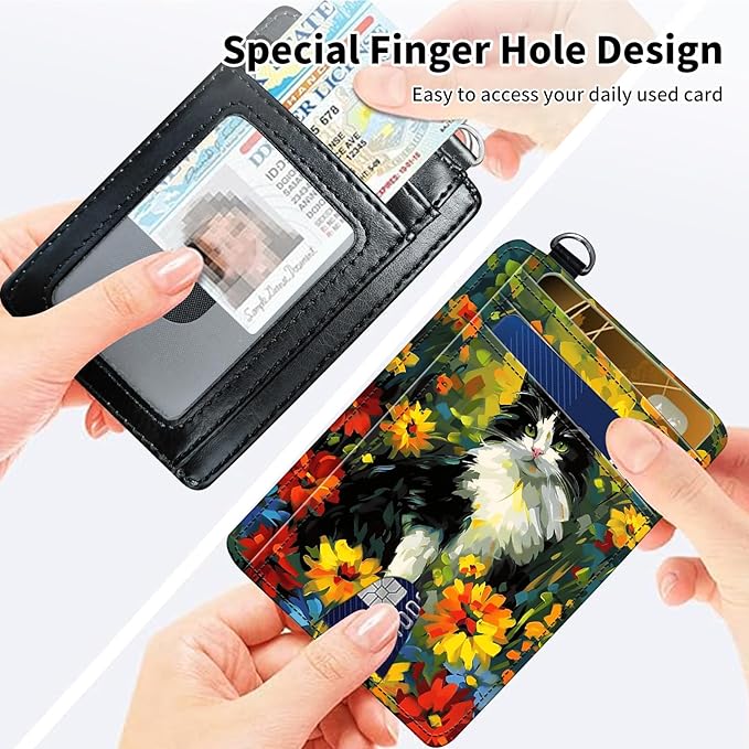 Slim Minimalist Front Pocket Wallet,Credit Card Holder Wallet for Women Men,RFID Blocking Credit Card Holder Case Leather Cute Small Thin Wallet ID Window&Wrist Strap,Watercolor Cat Flower