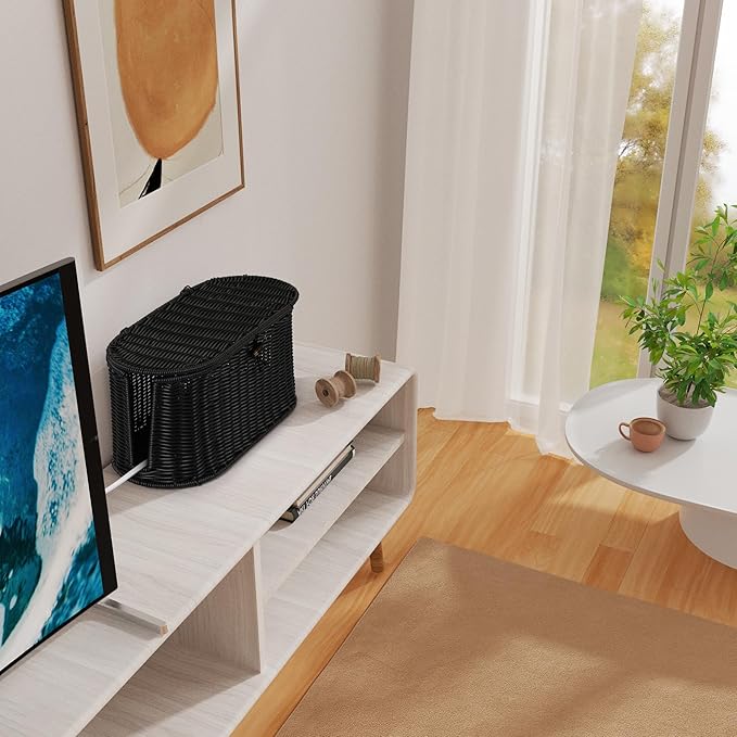 Handwoven Rattan Style Cable Management Box, Cord Organizer with Outlet Covers, Cord Hider Box for Power Strips, Cable Tidy Box for Desk, Floor and Home Organization