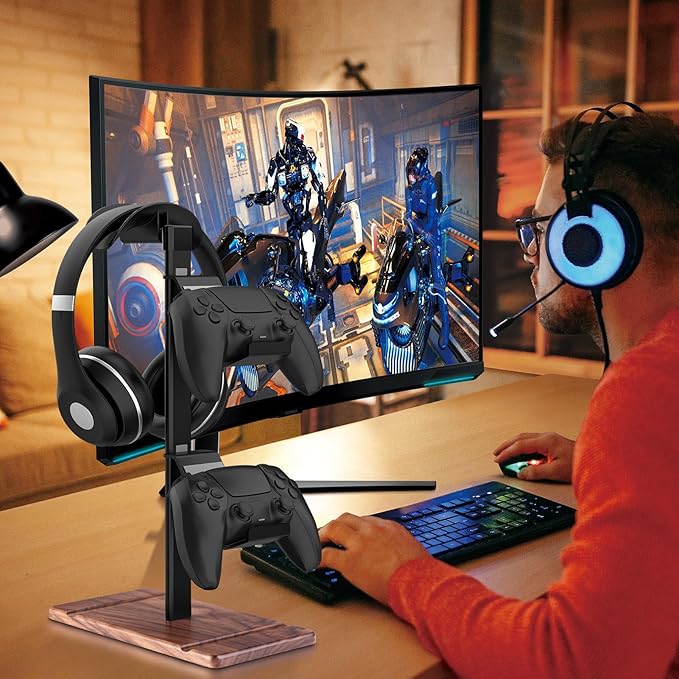 Controller Holder, Walnut Wood Headphone Stand, Gaming Controller Stand for Xbox PS5 PS4 Switch, Natural Wooden Headset Holder, Universal Desk Game Accessories