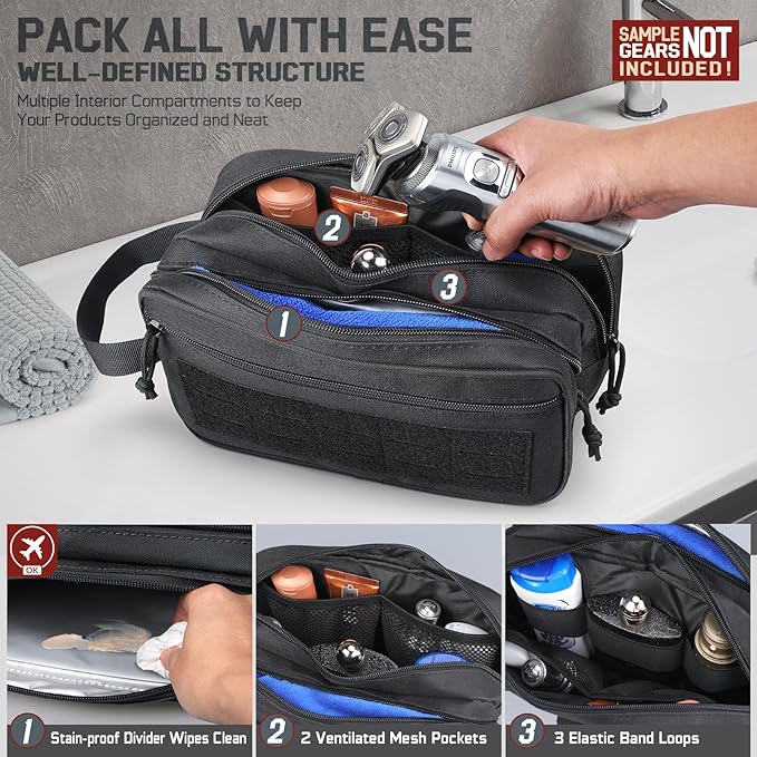 RXW EDC Toiletry Bag for Men, Tactical Dopp Kit, Molle Pouches Compact Travel Organizer for Shaving Shower, Hygiene, Grooming (Includes Dry/Wet Compartment & US Flag Patch)