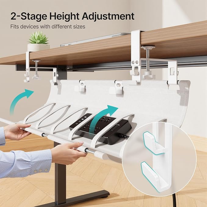 PEGZONE No Drill Under Desk Cable Management Tray, 31.5" Cord Management Under Desk for Table, Clamp Mount Desk Cable Management, Premium Fabric Wire Management Tray for Office, Home, White