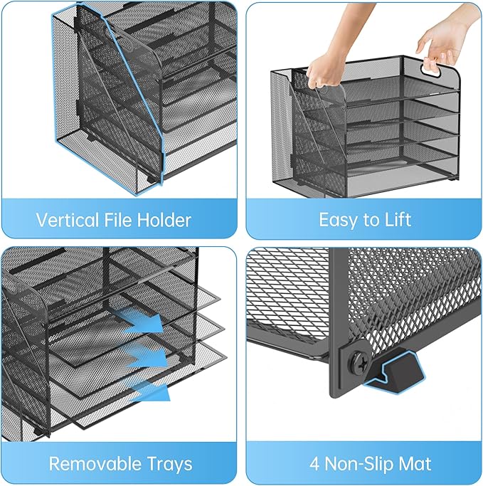 SUPEASY 5-Tier Desk Organizer with File Holder, Desk Organizers and Accessories, Paper Organizer for Desk, Mesh Desktop File Organizer, Workspace Organizers for Office School Home, Black