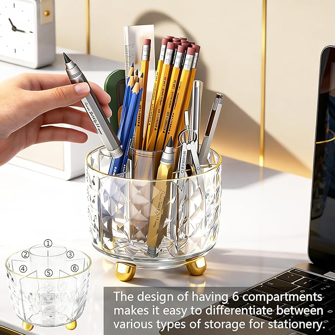 360° Rotating Pencil Holder for Desk, Makeup Brush Holder with 6 Slots, Desk Organizer for Writing Utensil, Office and School Supplies (Transparent)