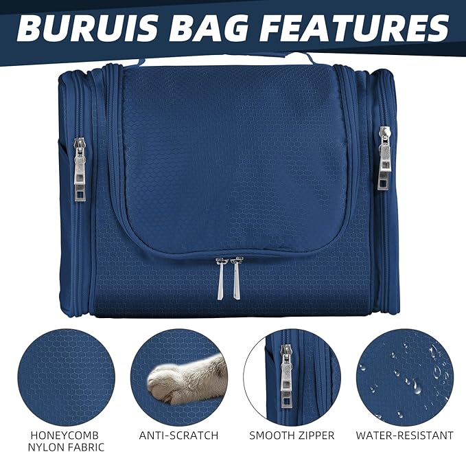 Buruis Hanging Toiletry Bag for Women and Men, Large Water-Resistant Makeup Organizer with Sturdy Hook, Lightweight Nylon Dopp Kit for Full-Sized Toiletries & Cosmetics, Blue