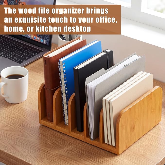 Lineshading Bamboo Letter Organizer, 5 Compartments Desk Mail Organizer, Desktop Envelope Holder and Letter Sorter, Countertop Paper File Holders with Anti Slip Mat for Home Office(Yellow)