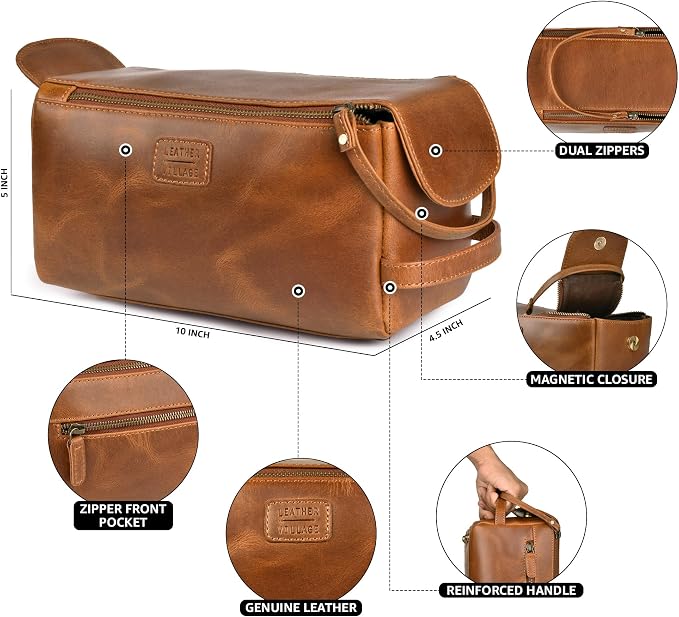 LEATHER VILLAGE Genuine Leather Travel Toiletry Bag - Water-Resistant Dopp Kit for Toiletries, Large Shaving Bag & Bathroom Organizer - Gift for Men & Women - Tan Brown