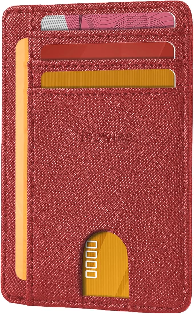 Hoewina Slim Wallet for Men, Credit Card Holder Wallet, Minimalist Design - RFID Blocking Front Pocket Leather Thin Wallet for Men and Women（Cross Cherry Red）