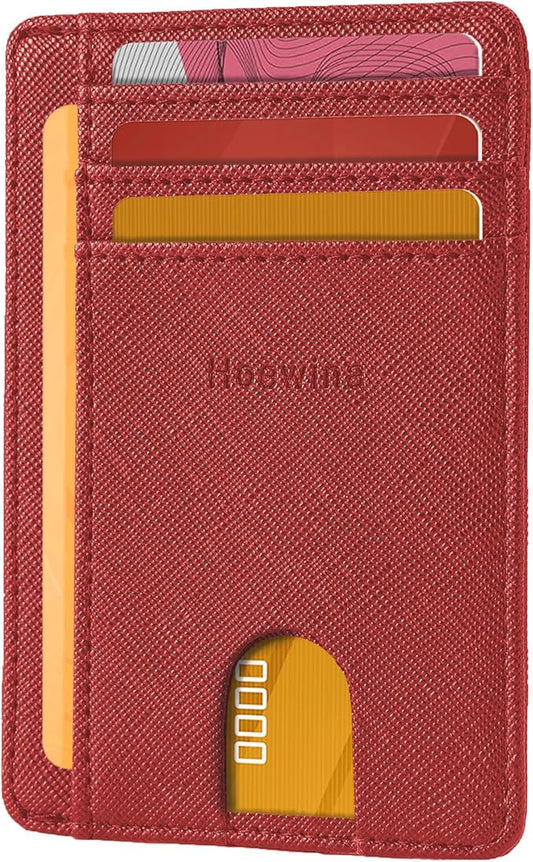 Hoewina Slim Wallet for Men, Credit Card Holder Wallet, Minimalist Design - RFID Blocking Front Pocket Leather Thin Wallet for Men and Women（Cross Cherry Red）