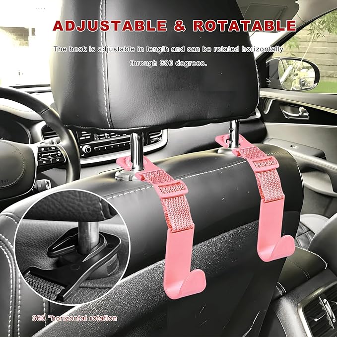 4PCS Car Seat Headrest Hook, Adjustable Vehicle Backseat Hanger Storage Organizer, Universal Seat Back Holder Hooks for Purse Coat Grocery Bag, Car Accessories (Pink)