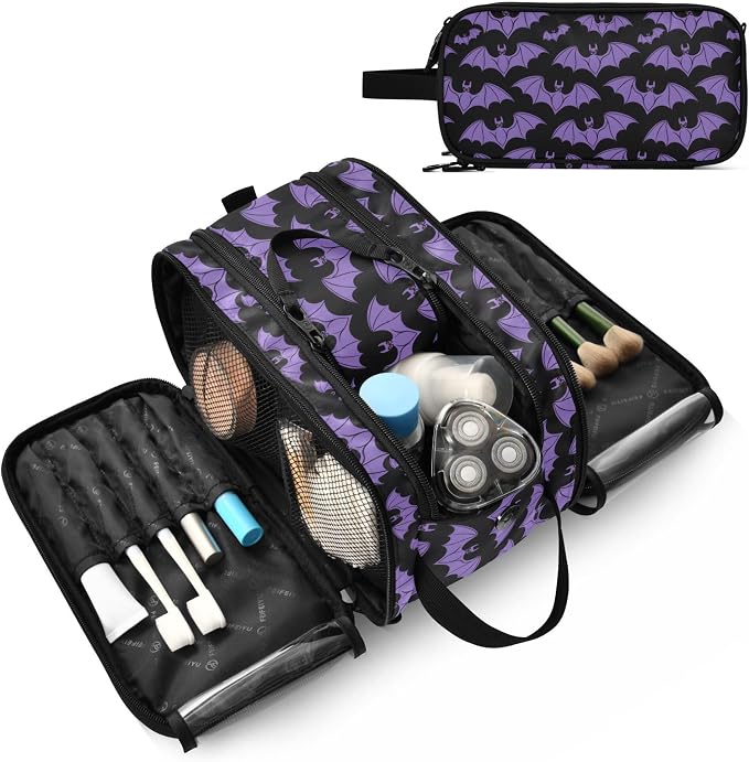 MNSRUU Large Capacity Makeup Bag, Halloween Bat Cosmetic Bag Portable Toiletries Pouch with Compartments Makeup Organizer Case for Travel Women