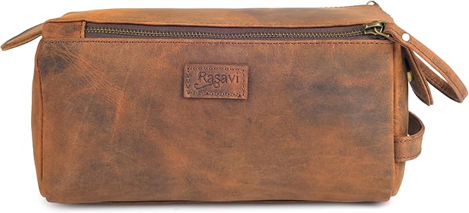 Rasavi Genuine Leather Travel Toiletry Bag for Men & Women, Handcrafted Vintage Dopp Kit, Water-Resistant Shaving & Bathroom Essentials Organizer - Distressed Brown