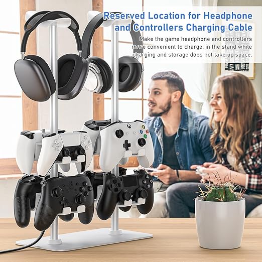 MANMUVIMO Headset Controller Stand for 2 Headset and 8 Controller, Headphone Stand Gaming Controller Holder for PS5 Xbox Airpods Beats Bose, Gaming Room Accessories, Gamer Gifts for Men (White)