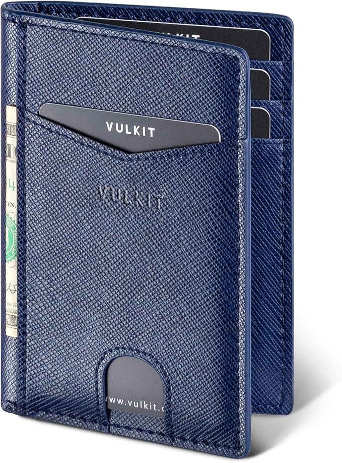 VULKIT Bifold Front Pocket Slim Wallet RFID Blocking Minimalist Thin Leather Credit Card Holder Wallet for Men and Women Cross Navy