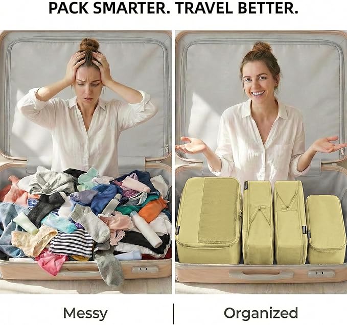 4 Piece Compression Packing Cubes for 3–7 Day Travel, Space Saving Travel Organizers with Breathable Mesh, Double-Zipper Packing Cubes for Carry-On & Suitcases (Yellow)