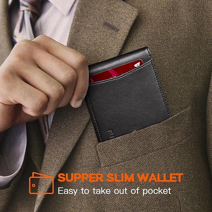 RUNBOX Slim Wallet for Men Genuine Leather RFID Blocking Bifold Minimalist Front Pocket Mens Wallet with Money Clip Thin Gift Box