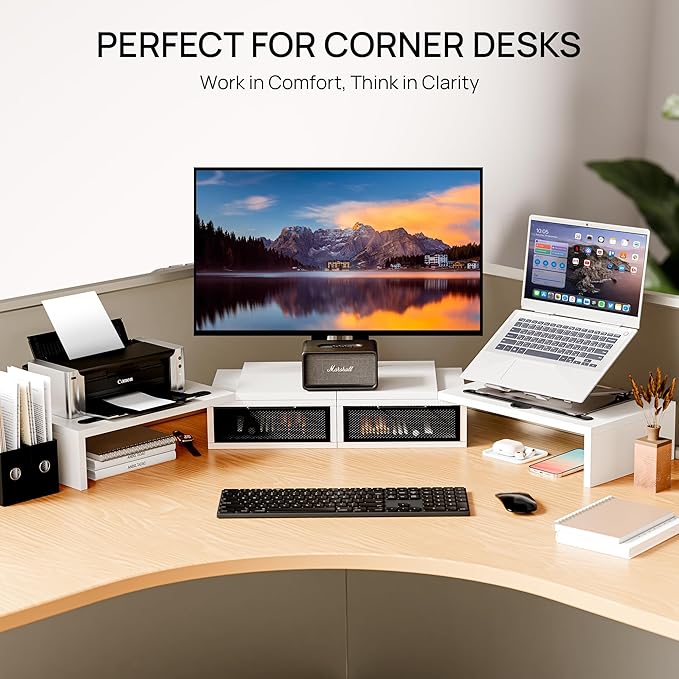 ZIFTY Dual Monitor Stand Riser for 3 Monitors, Desk Organizer with 2 Drawer and Smartphone Holder, Adjustable Length & Angle Workspace Organizers for Monitors Laptop Printer Computer, White
