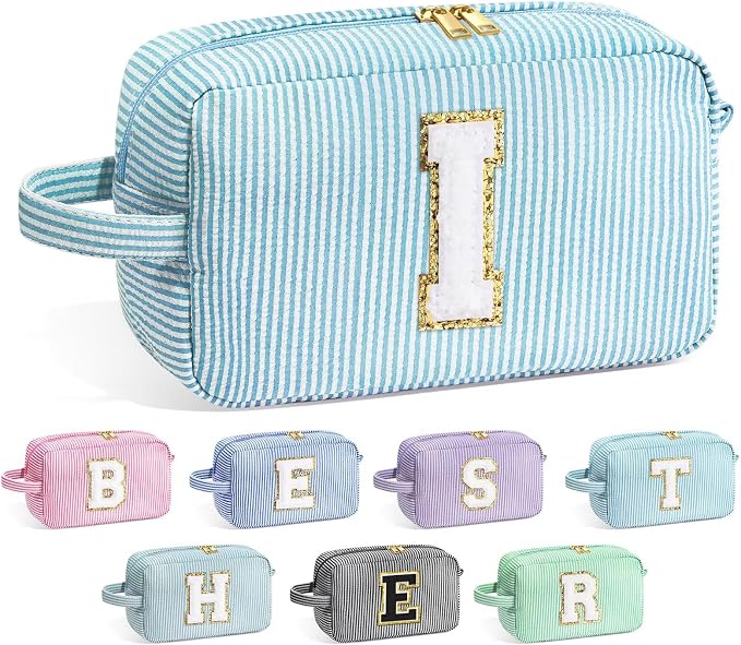 YOOLIFE Initial Cosmetic Bag for Women - Monogram Cute Makeup Bag Cosmetic Case Toiletry Pouch for Women Her Best Friend Sister Teacher, Personalized Birthday Gifts for Women, Light Blue I