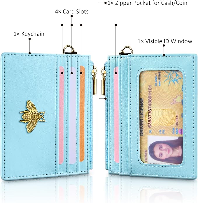 SEAVILIA Card Holder Keychain Wallet for Women with ID Window RFID Coin Purse Bee Gifts Slim Minimalist Small Wallet