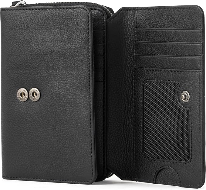 BERLINER BAGS Premium Genuine Leather Wallet Vienna, RFID Blocking Credit Card Holder, Trifold Clutch Purses, Zip Around Womens Wallet for 19 cards, ID window, Bills, Coins - Black