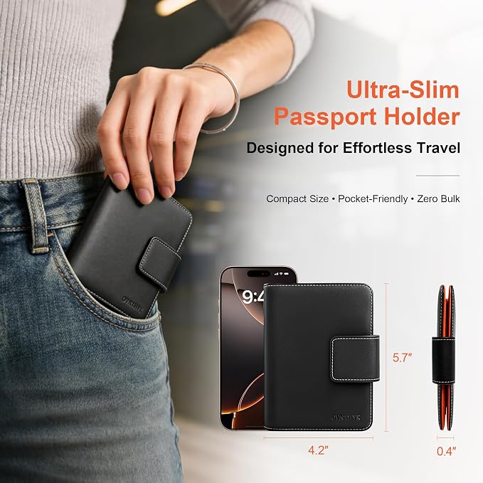 Passport Holder with Hidden AirTag Slot - RFID Blocking Leather Travel Wallet for Men & Women, Slim Anti-Loss Organizer