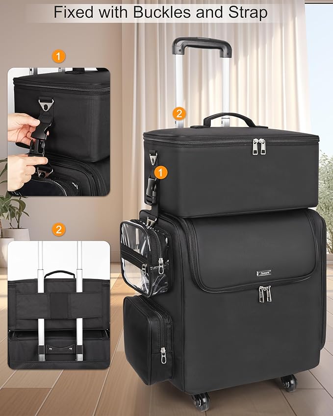 Relavel Rolling Makeup Train Case with Large Makeup Case, Hairstylist Traveling Bags with 5 Small Clear Bags, Cosmetology Case on Wheels, Hair Tools and Cosmetics Storage Organizer Trolley Suitcase