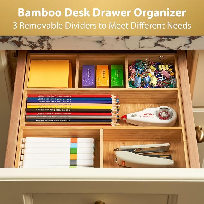 Umilife Bamboo Desk Drawer Organizer, Wood Office Junk Tray, 12"x12" | 1.8" Tall for Shallow Drawer - Adjustable dividers - Anti Slip Silicone Pads - Versatile Storage Box in Kitchen, Pantry