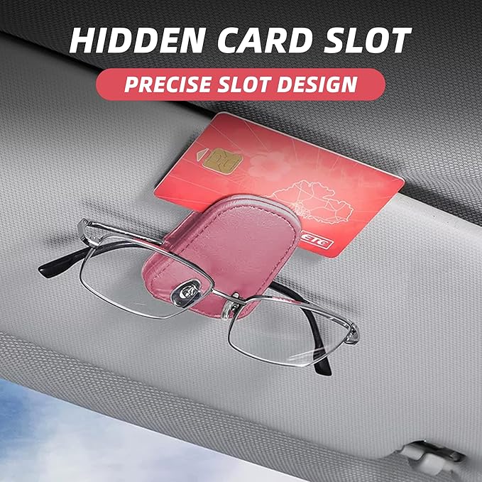 2PCS Sunglasses Holders for Car Sun Visor, Leather Eyeglasses Hanger Mounter, Magnetic Glasses Holder and Ticket Card Clip, Universal Auto Interior Accessories (Pink, 2PCS)