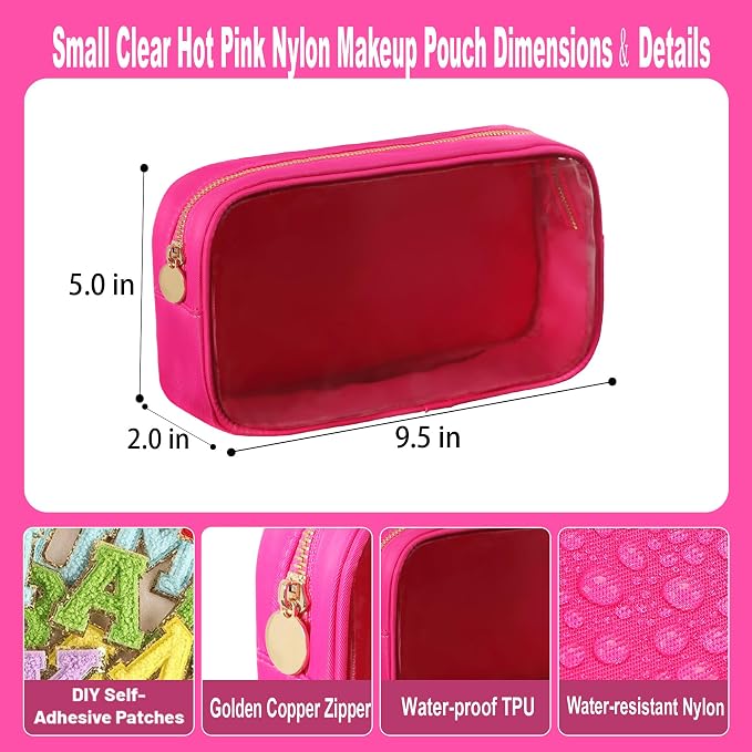 Travel Essentials Makeup Bag for Women Water-resistant Toiletry Organizer Nylon Cosmetic Pouch Preppy Stuff Clear (M,HotPinkClear)