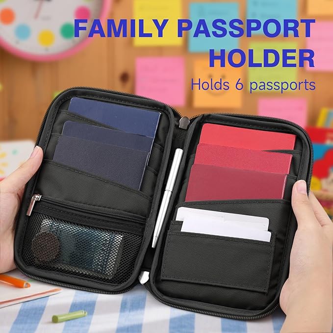 WALNEW Family Passport Holder for 5 - Large Travel Organizer Holds up to 6 Passports, RFID Blocking Water Resistant Document Wallet for Cards, Tickets, Boarding Passes